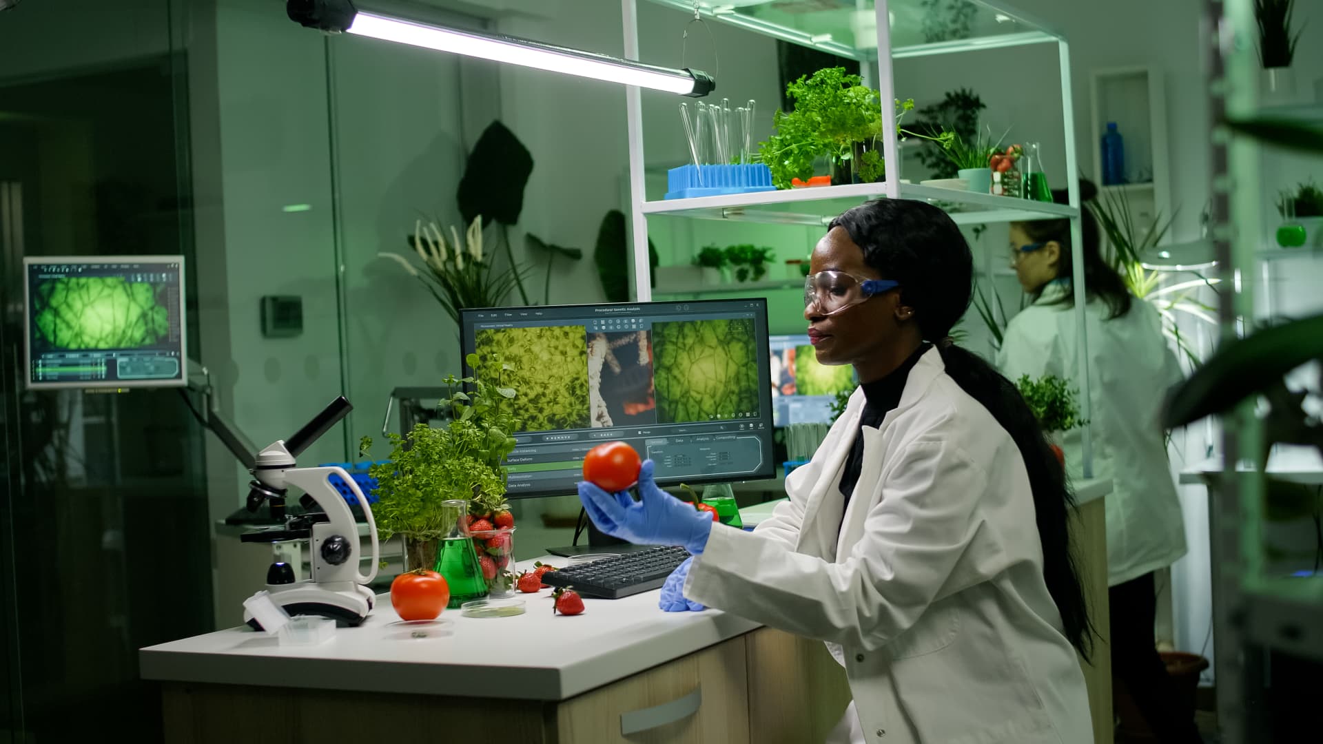 Biotechnology partners collaborating in a research facility